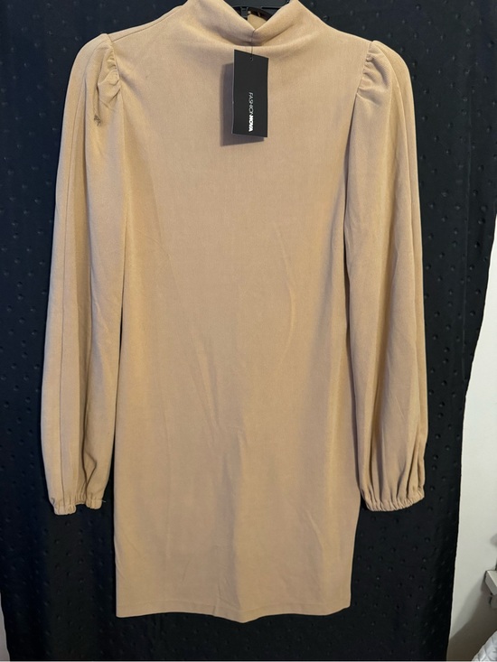 Dresses & Skirts - High Neck Long Sleeve Shift Dress in Beige